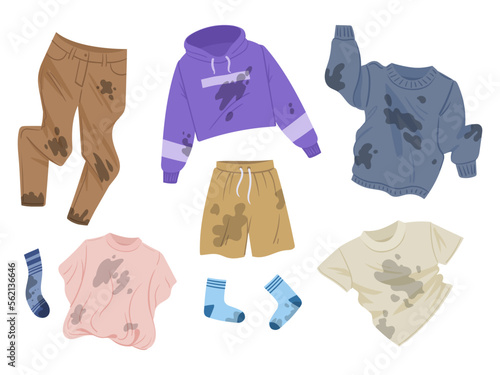 Dirty clothes, laundry apparel. Cartoon wrinkled stained clothes flat vector illustration on white background
