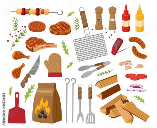 Cartoon bbq, roasted meat and vegetables. Barbecue party elements, wood, charcoal, grilled steak, sausages and bbq cooking tools flat vector illustration on white background