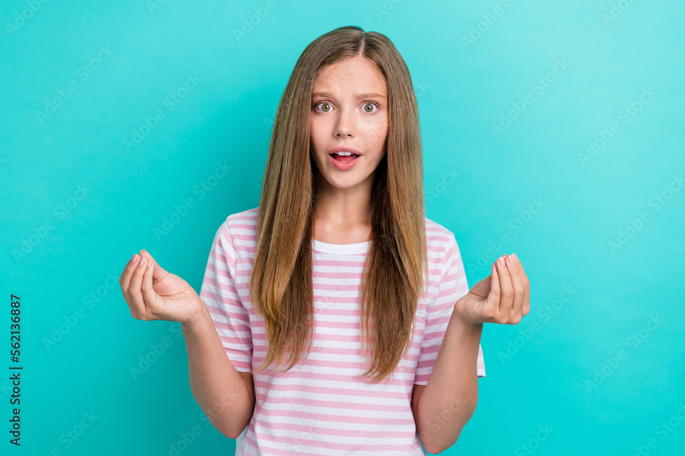 Fototapeta premium Photo of angry furious lady wear striped t-shirt asking understand her isolated turquoise color background