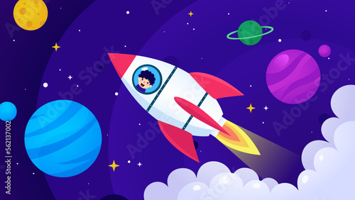 Rocket vector illustration. A little boy happily imagines how he flies on a rocket. Bright illustration for children's wallpapers, books, comics, and coloring books. Planets of the solar system.