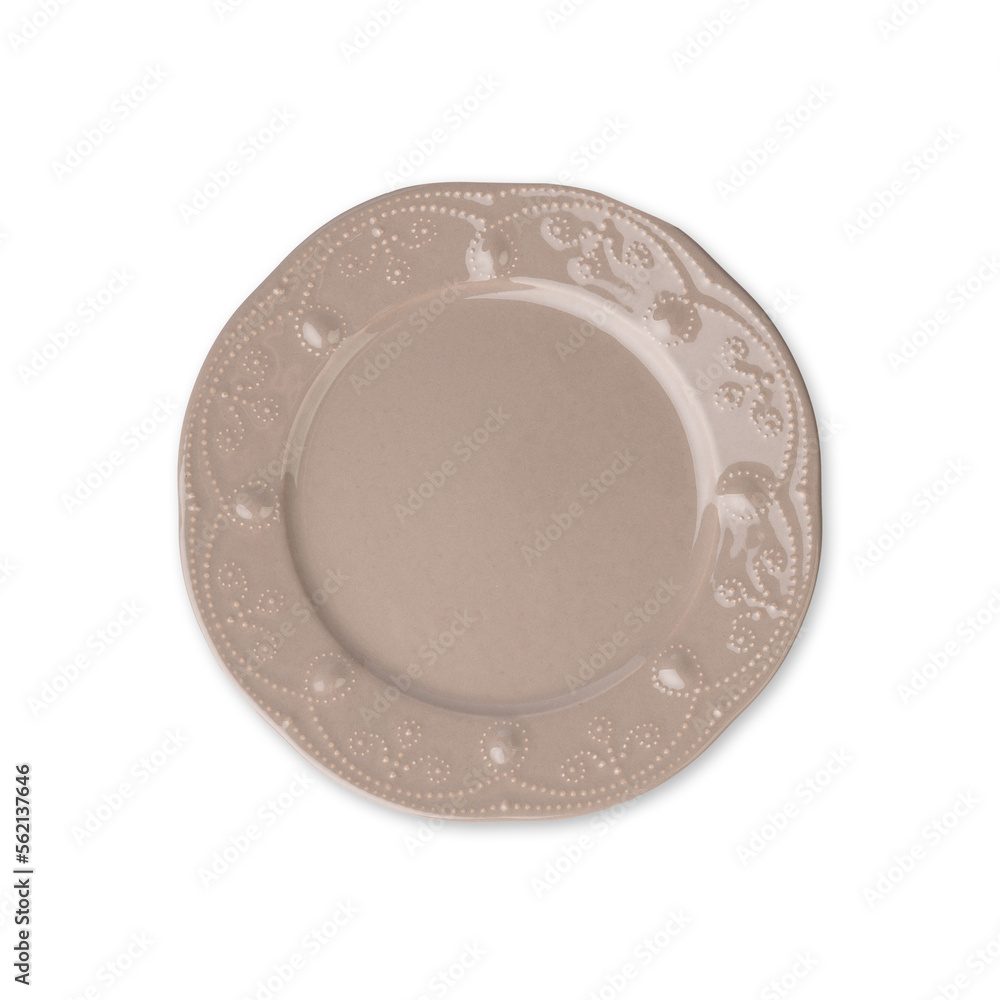 Brown decorated ceramic plate isolated over white background Brown decorated ceramic plate isolated over white background