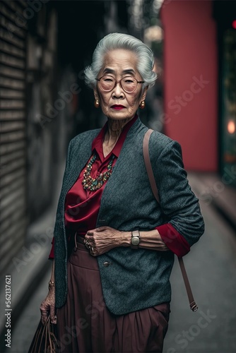 Senior street fashion portrait, modern asian senior woman in the street, beautiful older woman with silver hair, generative ai, older style icon with make up