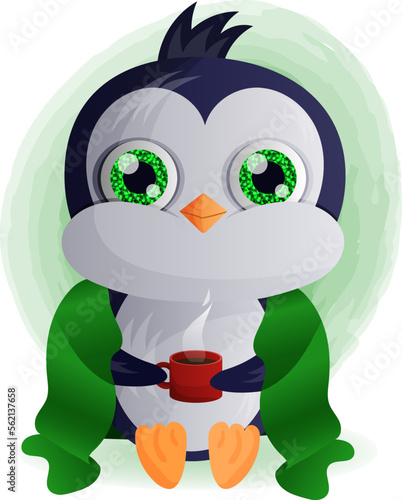 cartoon penguin in a blanket with a cup of coffee or tea with cute glitter eyes