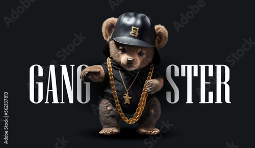 Cute, funny teddy bear in a cap and with a chain on a black background. Gangster kars slogan with a bear doll. Vector illustration	