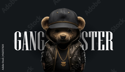 Cute, funny teddy bear in a cap and with a chain on a black background. Gangster kars slogan with a bear doll. Vector illustration	