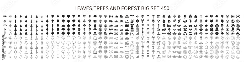 Fototapeta premium Icon set of leaves of various shapes, trees and forest