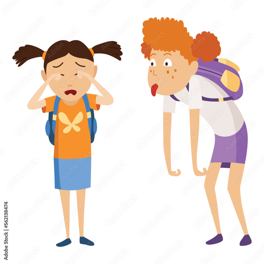 Kids bullying. Childish bullies or verbal and physical conflict between children. Bad child behavior, scared and strong angry children conflict, cartoon characters confrontation Kids bullying. Childish bullies or verbal and physical conflict between children. Bad child behavior, scared and strong angry children conflict, cartoon characters confrontation