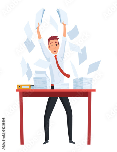 Office paperwork. Office worker with stack of documents. Concept man of office work with stress and overworking. Bureaucracy and overwork