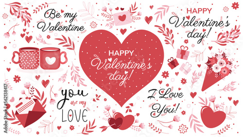 Vector set of elements for Valentine's Day. Inscriptions, hearts, vegetation, flowers, mugs, love letters, bouquet of flowers
