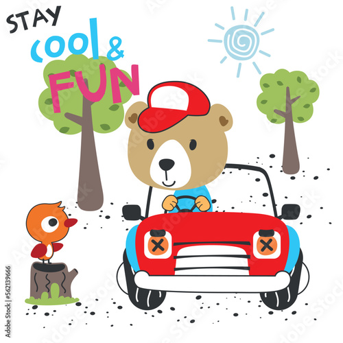 Vector illustration of funy bear driving the red car. Funny background cartoon style for kids. Little adventure with animals on the road for nursery design  cartoon tshirt art design.