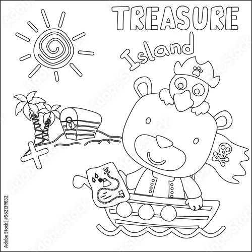 Vector illustration of funny bear pirate with treasure chest  Childish design for kids activity colouring book or page.
