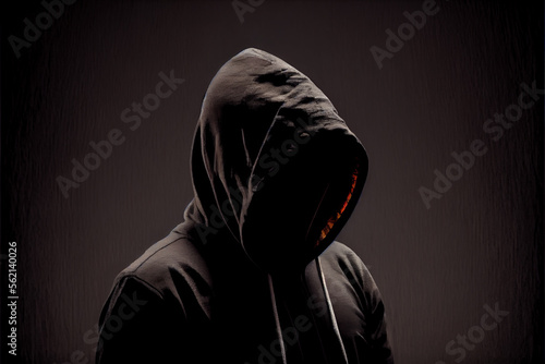 mystery crime conspiracy concept, faceless person wearing black hoodie hiding face in shadow photo
