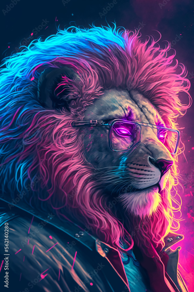 Abstract art. Colorful painting art of a lion. Synthwave. Background illustration. Generative AI.
