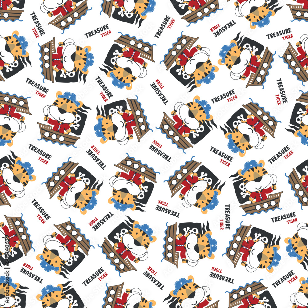 Seamless pattern of funny tiger pirate with treasure chest, Can be used for t-shirt print, Creative vector childish background for fabric textile, nursery wallpaper and other decoration. Seamless pattern of funny tiger pirate with treasure chest, Can be used for t-shirt print, Creative vector childish background for fabric textile, nursery wallpaper and other decoration.