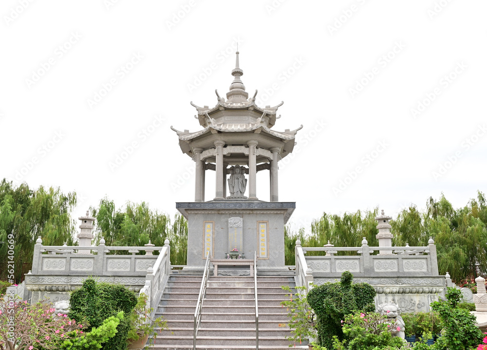 NONTHABURI, THAILAND - JANUARY 18, 2023 : Hand-carved Chinese style natural stone pavilion for setting up a stone Buddha in the garden at Dragon Temple Kammalawat or Wat Lengnoeiyi is a chinese temple