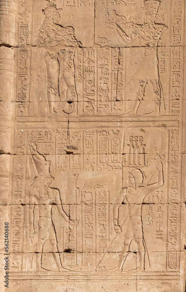 Close up view of traditional Egyptian hieroglyphics on the wall in Horus Edfu temple in Aswan, Egypt