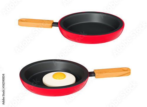 3D Set emoji fried egg on frying pan and empty skillet. Healthy breakfast. Cooking food concept. Realistic element. Cartoon creative design icon isolated on white background. 3D Rendering