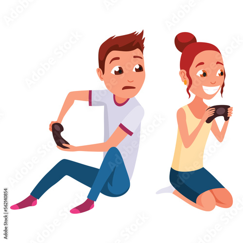 Video gaming kids. Boy and girl playing games on joystick on game console. Kids video game addiction. Joyful teenagers. Vector illustration of flat design
