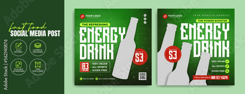 Energy drink sale promotion social media post template. Healthy wine, alcohol, caffeine or fruit juice branding flyer. Beverage product marketing banner. Food business advertisement poster background.