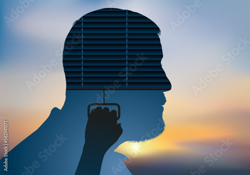 Concept de la perte de mémoire avec d’un store qui se baisse dans le crâne d’un homme symbolisant le cerveau qui s’éteint.