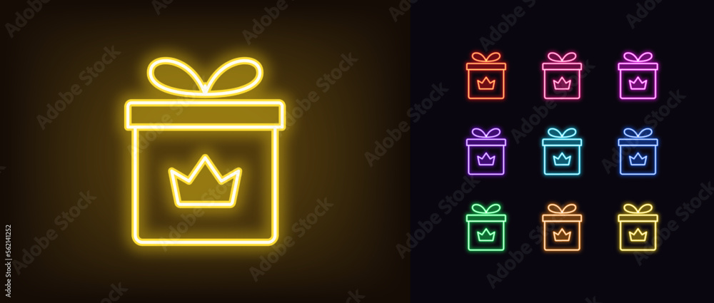 Outline neon gift box icon set. Glowing neon gift box frame with crown sign, royal present pictogram. Premium gift, luxury present, royal prize and giveaway, best surprise. Outline neon gift box icon set. Glowing neon gift box frame with crown sign, royal present pictogram. Premium gift, luxury present, royal prize and giveaway, best surprise.