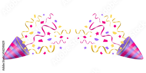  Exploding colorful bright yellow pink purple party popper with confetti and ribbon banner. Perfect for Purim Jewish holiday