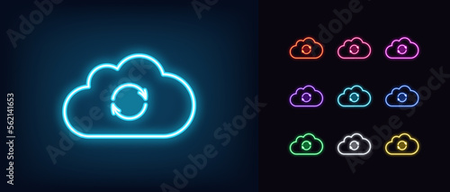 Outline neon cloud sync icon set. Glowing neon cloud frame with update arrows sign, data upgrade pictogram. Update service, online refresh and reload cloud data center.