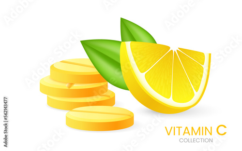 Effervescent soluble tablets. Vitamin C soluble pills with lemon flavor. Realistic lemon sliced with green leaf, sour fresh fruit, bright yellow zest. Vector realistic poster of fizzy pill.