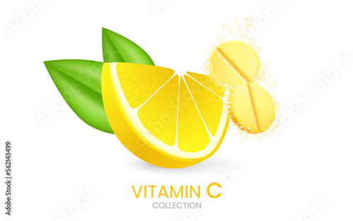 Effervescent soluble pills. Vitamin C soluble drugs with lemon flavor in water with sparkling carbonated bubbles trail. Realistic lemon sliced with green leaf, sour fresh fruit, bright yellow zest
