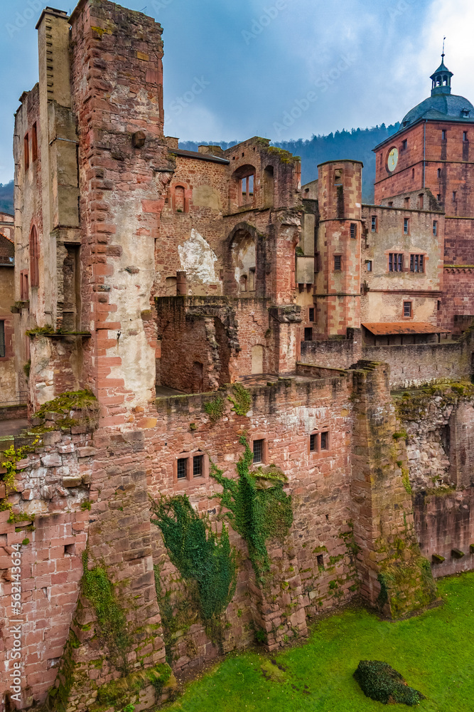 Great view of the ruins of the library, the Ruprecht Building and the gate tower, seen across the castle moat from the garden Stückgarten at the famous castle ruin Heidelberger Schloss in Germany. 
