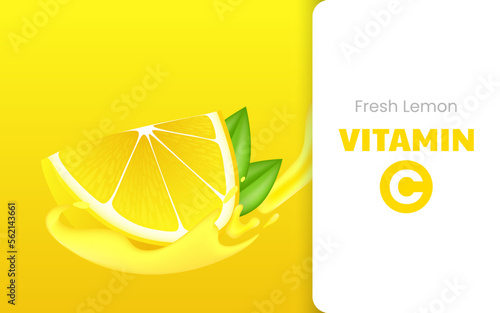 Vitamin C soluble effervescent pills with lemon flavor. Realistic lemon sliced with green leaf, sour fresh fruit, bright yellow zest. Vector realistic poster of lemon juice with splash and drops.