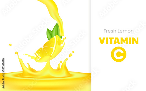Vitamin C soluble effervescent pills with lemon flavor. Realistic lemon sliced with green leaf, sour fresh fruit, bright yellow zest. Vector realistic poster of lemon juice with splash and drops.