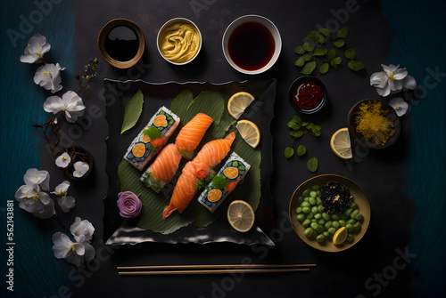 Set of sushi and maki with soy sauce generative AI