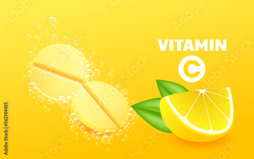 Effervescent soluble tablets. Vitamin C soluble pills with lemon flavor in water with sparkling carbonated bubbles trail. Realistic lemon sliced with green leaf, sour fresh fruit, bright yellow zest