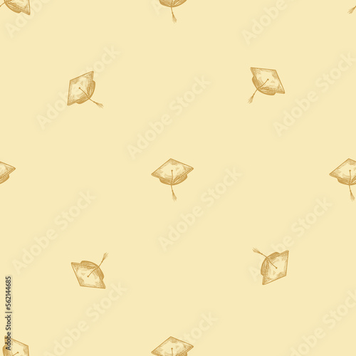 Graduate hat engraved seamless pattern. Vintage element education in hand drawn style. Sketch texture for fabric, wallpaper, textile, print, title, wrapping paper. Vector illustration.