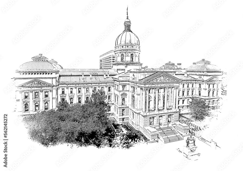 Indiana Statehouse, ink sketch illustration.