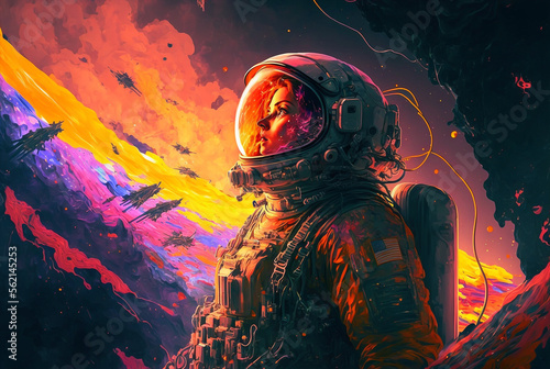 Generative ai astronaut woman exploring planet watching outer space