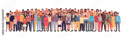 Multinational large group of people isolated on white background. Children, adults and teenagers stand together. Illustration 