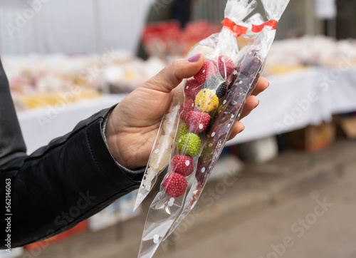 Traditional Polish candies from a stand with regional sweets in Kraków, such as miodek turecki, trupi miodek or pańska skórka. Treats sold during All Saints' Day and Easter Emaus in Krakow, Poland.