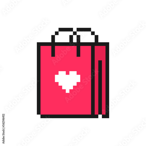 Valentine's Day paper gift bag with heart icon in pixel art style. Love symbol, isolated on white background vector sign