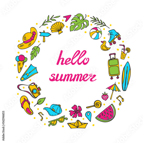 Summer symbols doodle clipart. Circle theme composition