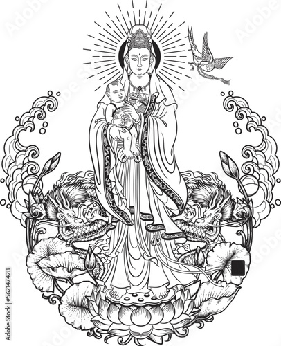 Guan Yim children & Dragon Chinese goddess illustration