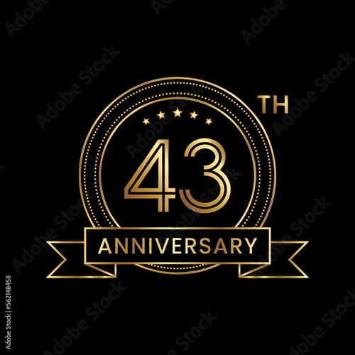 43th Anniversary Template design with golden text and ribbon. Logo Vector Template