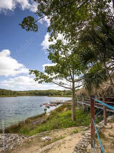 Jungle house with palm leaves roof next to a jungle lake in the tropical forest of Yucatan with green vegetation on a hot afternoon with cloudy sky  © Cualera