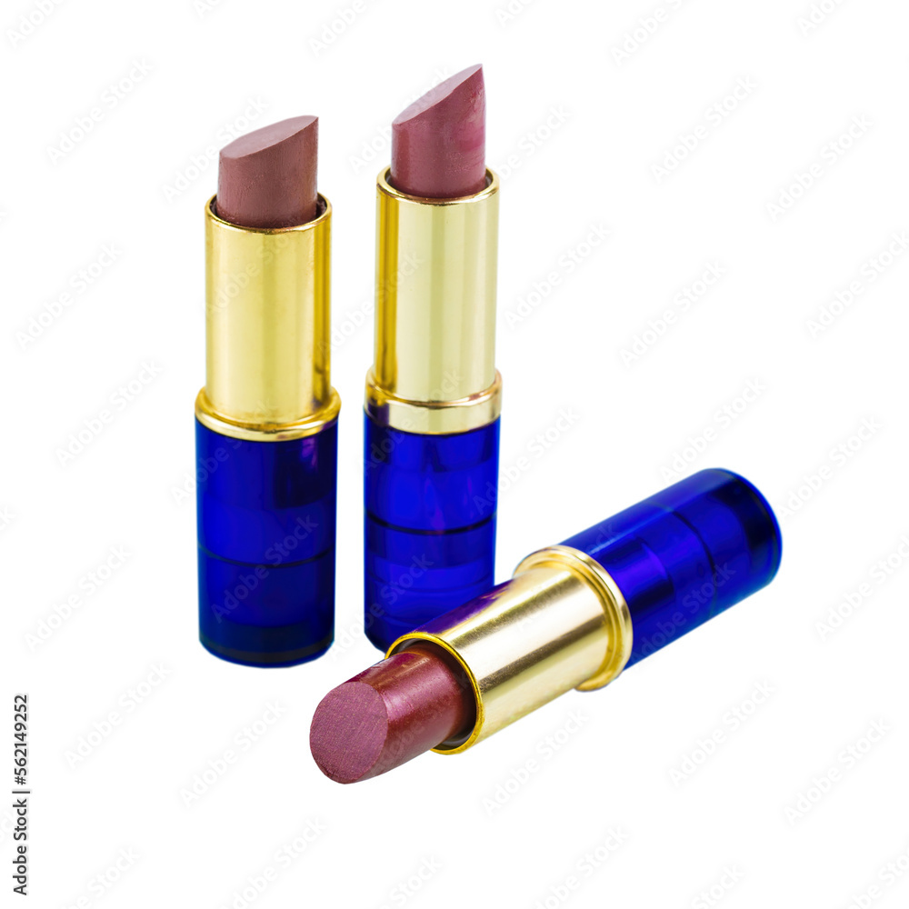 Cutout of isolated opened three rich red lipsticks with blue tubes with the transparent png Cutout of isolated opened three rich red lipsticks with blue tubes with the transparent png