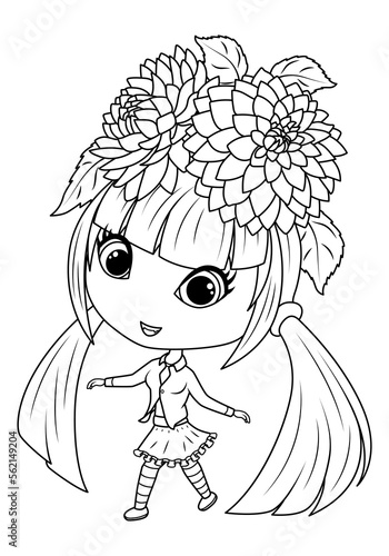 Girl with flowers in her hair. Princess dahlia. Coloring book for children. Vector illustration 