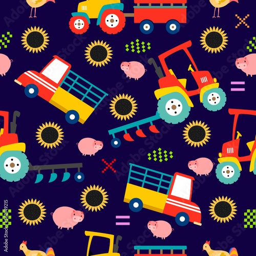 Farm pattern design.Cute tractor  and vehicle  cute animal on dark background. pattern.tractor pattern design for kids clothing  card  fabric.tractor truck abstract seamless pattern  