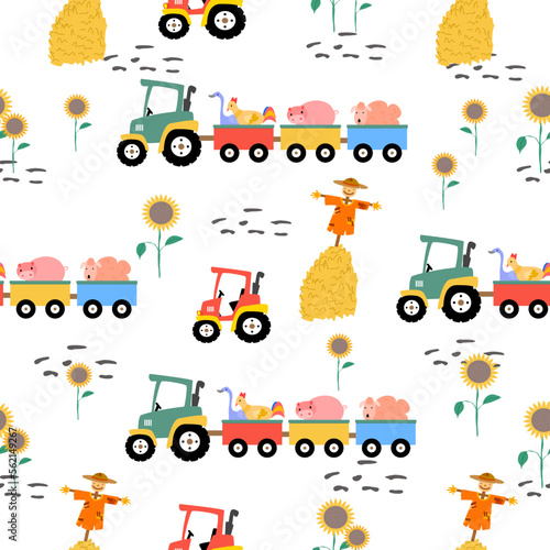 Farm pattern design.Cute tractor agricultural tools on white background pattern.tractor pattern design for kids clothing ,card, fabric.Countryside
