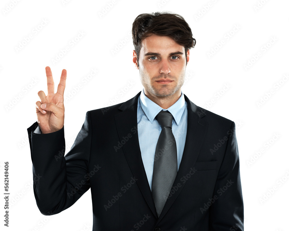 Hand sign, peace and businessman with ambition in studio for vision, mindset and white background. Peace sign, emoji and young entrepreneur serious about startup, idea and career goal while isolated Hand sign, peace and businessman with ambition in studio for vision, mindset and white background. Peace sign, emoji and young entrepreneur serious about startup, idea and career goal while isolated