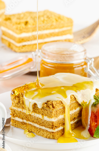 Homemade Honey cake. Honey cake Medovik, layer cake on white plate. Closeup view. sweet dessert cake. Slice of layered honey cake selective focus. photo